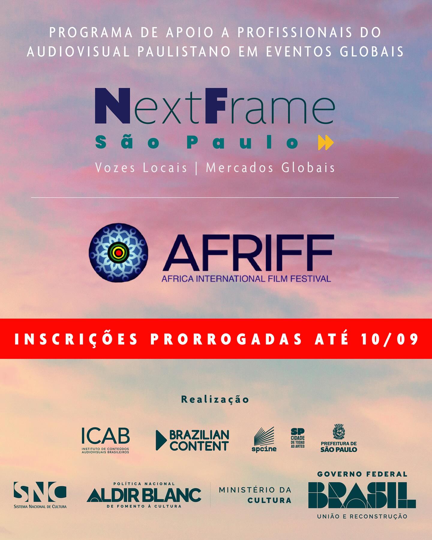NextFrame São Paulo – Chamada para Profissionais do Audiovisual Paulistano no AFRIFF 2025 prorrogadas até 10/09
Foram prorrogadas as inscrições para a participação no AFRIFF 2025 por meio do NextFrame São Paulo - Vozes Locais, Mercados Globais, iniciativa que apoia a presença de profissionais paulistanos em 13 eventos internacionais do setor audiovisual nos anos de 2025 e 2026.
Serão disponibilizadas 10 vagas, distribuídas entre apoio logístico e apoio financeiro.
Evento-chave na África, o Africa International Film Festival - AFRIFF tem forte influência de Nollywood e abre caminhos para coproduções com uma indústria em franca expansão global. O evento destaca-se por promover a inclusão de vozes africanas e da diáspora, oferecendo programas de treinamento e desenvolvimento para jovens talentos e profissionais sub-representados no setor audiovisual.
✅ Quem pode se inscrever?
Qualquer profissional do audiovisual residente na cidade de São Paulo (com exceção de indígenas, que podem residir em qualquer município do estado). Não é necessário ser associado ao Brazilian Content. É imprescindível possuir passaporte válido até, no mínimo, 08 de maio de 2026 (seis meses após o encerramento do evento).
É necessário apresentar no ato da inscrição um filme (longa ou curta) para exibição no festival, caso o/a proponente seja selecionado/a. O filme deverá ter sido finalizado em 2024 ou 2025, ser representativo da cidade de São Paulo e da sua população e obrigatoriamente estar disponível em DCP para exibição no AFRIFF. O/A candidato ao apoio deverá ser produtor/a ou diretor/a do filme.
📅 Prazo de inscrição
Até 10/09/2025, às 18:00 (horário de Brasília), pelo formulário disponível no link na bio.
📢 Divulgação de resultados
A lista dos profissionais selecionados será publicada em 12/09/2025 no site do ICAB.
Esta ação integra a Política Nacional Aldir Blanc de Fomento à Cultura – PNAB, realizada pelo Governo Federal, por meio do Ministério da Cultura, em parceria com a Secretaria Municipal de Cultura e Economia Criativa da Cidade de São Paulo e a Empresa de Cinema e Audiovisual de São Paulo - Spcine.