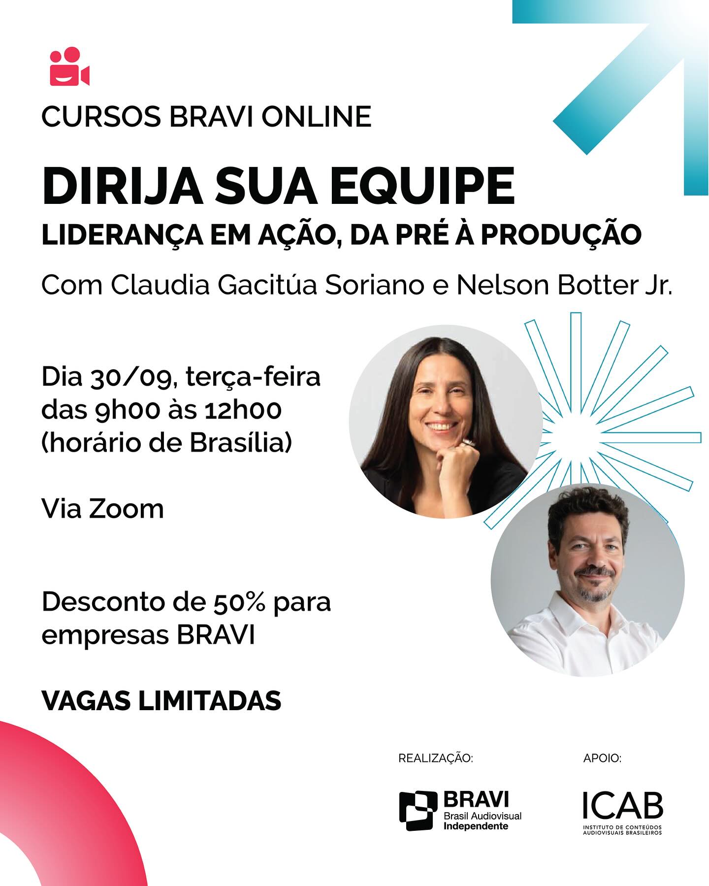 WORKSHOP BRAVI ONLINE | DIRIJA SUA EQUIPE – LIDERANÇA EM AÇÃO, DA PRÉ À PRODUÇÃO
O QUE É?
Um workshop intensivo de 3 horas criado para produtores, produtores executivos e diretores de produção do audiovisual, no qual serão abordados os pilares fundamentais da liderança aplicados à pré-produção e à produção, com foco na integração de equipes, na comunicação e na gestão de conflitos para criar um ambiente profissional mais harmônico e eficiente.
METODOLOGIA
Com base no método “Dirija Sua Vida”, utilizando dinâmicas vivenciais e práticas, como:
- Reflexões guiadas sobre o papel do produtor como líder;
- Dinâmicas aplicadas ao contexto de pré-produção e filmagem;
- Espaço de conexão entre pares e compartilhamento coletivo;
- Aplicação do modelo KOLB de aprendizagem experiencial.
QUANDO?
Dia 30/09 das 09h00 às 12h00 (horário de Brasília) via Zoom
COM QUEM?
Claudia Gacitúa Soriano | Mentoria
Sócia-fundadora da consultoria espanhola “Dirige tu vida”, é coach organizacional LCS e Life Coach certificada. Formada em Artes e Tecnologias de Comunicação, acumulou duas décadas de experiência em produção audiovisual no Chile. Agora, baseada em Bilbao, é multiplicadora de capacitação profissional e lidera projetos para equipes multidisciplinares em diversos países, para clientes como Mediapro, PEPSICO, Dell Technologies e o Ministério da Justiça da Catalunha.
Nelson Botter Jr. | Mediação
Diretor, roteirista e produtor, é cofundador da produtora de animação Tortuga. Com 20 anos de carreira no audiovisual, desenvolveu séries e longas-metragens veiculados na Netflix, Disney+, Amazon Prime Video, Nickelodeon e TV Cultura. Indicado aos Prêmios Goya (Espanha), Prêmios Platino, Prix Jeunesse e é vencedor do Grande Prêmio do Cinema Brasileiro, além de como diretor ter filmes selecionados em festivais como Annecy e Mostra Internacional de Cinema de SP.
VALORES
Associados BRAVI e BrC: R$ 300,00
Não associados: R$ 600,00
Após o workshop será enviado um certificado de participação.
Vagas limitadas, inscreva-se até o dia 26/09 através do link na bio.