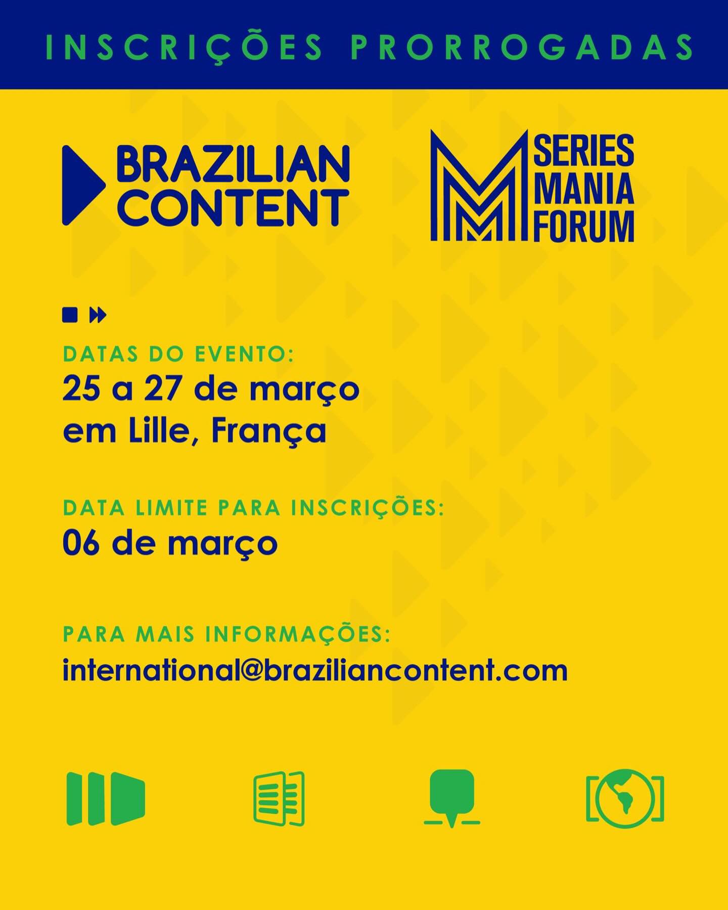 Chamadas prorrogadas para a delegação Brazilian Content no Séries Mania Forum 2026

Atraindo mais de 5.000 profissionais de 75 países anualmente, o Séries Mania Forum se tornou o principal mercado europeu para obras seriadas de todos os gêneros. Todo mês de março, em Lille, produtores, emissoras, roteiristas, compradores e tomadores de decisão se reúnem durante três dias para networking, apresentação de projetos e descobertas no universo das séries para televisão e plataformas de streaming.

O Brazilian Content terá um stand com mesas para reuniões, catálogo digital, apoio da equipe no evento, e possíveis ações de networking em parceria com entidades, organizações e instituições do audiovisual mundial.

As inscrições vão até o dia 06/03, próxima sexta-feira. Vagas limitadas! Entre em contato com a nossa equipe no e-mail international@braziliancontent.com para mais informações.