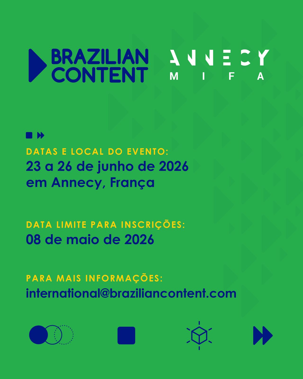 Chamadas abertas para empresas participantes do Brazilian Content no MIFA 2026

O MIFA é um dos principais mercados de animação do cenário global, e ocorre durante o Festival Internacional de Cinema de Animação de Annecy, o maior festival dedicado ao gênero do mundo. O mercado conta com uma ampla área de estandes e uma programação estruturada em atividades de mercado, incluindo conferências, pitches, masterclasses e sessões de networking, reunindo os principais players da indústria global de animação. Em 2024, o MIFA ampliou sua atuação com a inclusão de uma seção dedicada a XR, acompanhando as transformações tecnológicas do setor.

O Brazilian Content organizará a participação de empresas brasileiras no evento, com ações voltadas à promoção internacional, incluindo espaço para reuniões, catálogo digital e articulação de atividades de networking em parceria com entidades, organizações e instituições do audiovisual global.

As inscrições vão até 08/05/2026. Vagas limitadas!

Para mais informações, entre em contato com a equipe pelo e-mail international@braziliancontent.com.