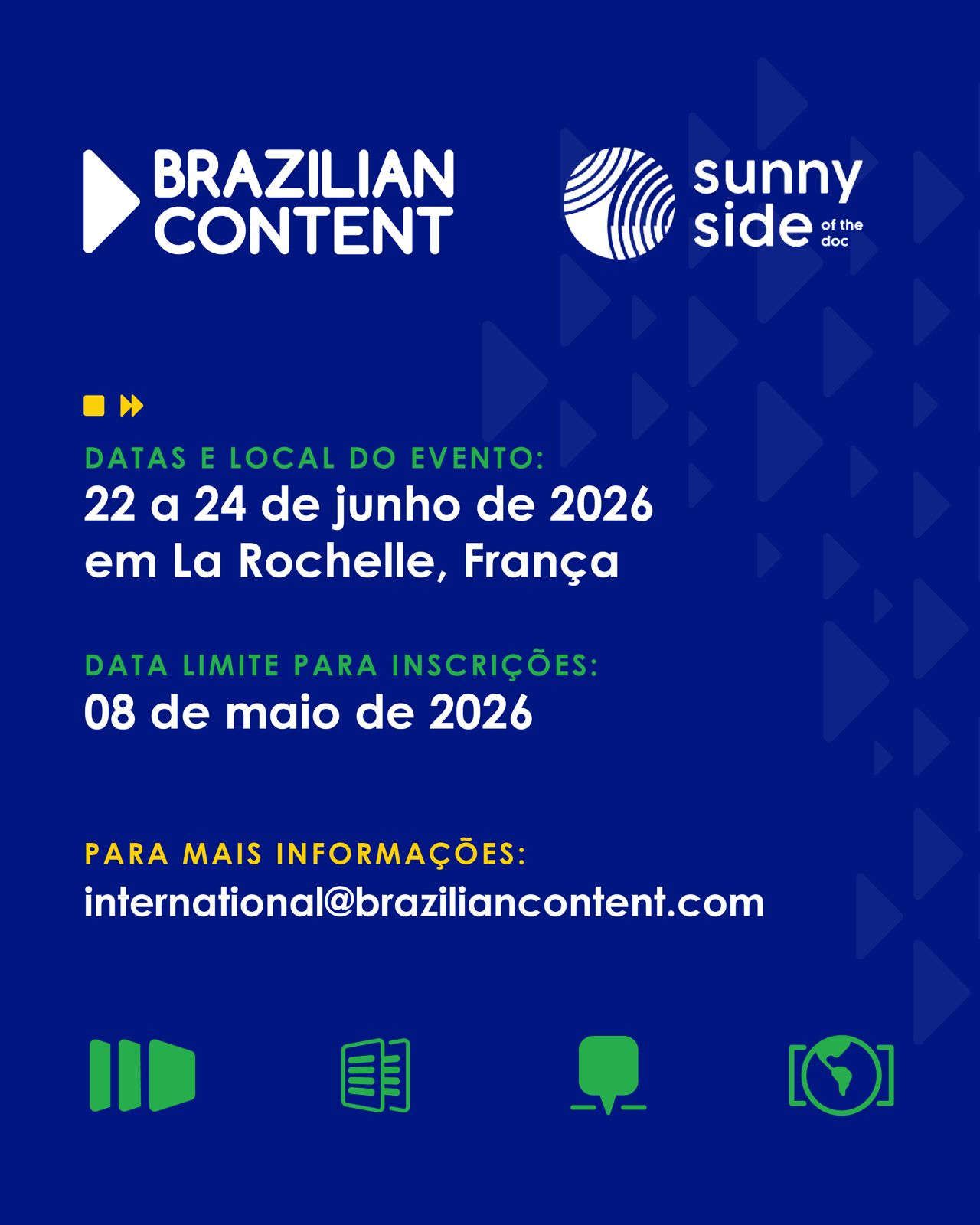 Chamadas abertas para empresas participantes do Brazilian Content no Sunny Side of the Doc 2026

O Sunny Side of the Doc (SSD) é um mercado internacional com foco em documentários e conteúdos factuais que promove parcerias e networking entre produtoras, distribuidoras, canais de televisão e plataformas digitais. Em 2026, o evento acontece entre 22 e 24 de junho e celebra sua 37ª edição com uma visão renovada e uma parceria estratégica com o Documentary Campus e o Meet & Match, um novo formato otimizado para conectar produtores e tomadores de decisão e acelerar coproduções e acordos.

O Brazilian Content organizará a participação de empresas brasileiras no evento, com ações voltadas à promoção internacional, incluindo espaço para reuniões, catálogo digital e articulação de atividades de networking em parceria com entidades, organizações e instituições do audiovisual global.

As inscrições vão até 08/05/2026. Vagas limitadas!

Para mais informações, entre em contato com a equipe pelo e-mail international@braziliancontent.com.