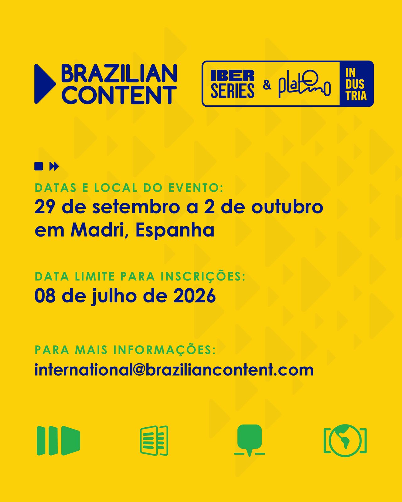Chamadas abertas para empresas participantes do Brazilian Content no Iberseries & Platino Industria 2026

O Iberseries & Platino Industria, que acontece entre 29 de setembro e 02 de outubro em Madri, Espanha, busca dar visibilidade a longas e séries em espanhol e português, potencializar o talento dos criadores desta região e promover coproduções internacionais e a comercialização de conteúdos. Em sua sexta edição em 2026, o mercado já se consagrou como um ponto de confluência entre plataformas, canais de televisão, produtores, distribuidores, compradores e demais agentes do setor audiovisual ibero-americano dos dois lados do Atlântico. 

O Brazilian Content organizará a participação de empresas brasileiras no evento, com ações voltadas à promoção internacional, incluindo espaço para reuniões, catálogo digital e articulação de atividades de networking em parceria com entidades, organizações e instituições do audiovisual global.

As inscrições vão até 08/07/2026. Vagas limitadas!

Lembramos que as inscrições para os pitches e fórum de coprodução estão com convocatórias abertas até o dia 23 de abril às 14h00 (horário de Madri). Para se inscrever é necessário já estar credenciado no evento.

Para mais informações, entre em contato com a equipe pelo e-mail international@braziliancontent.com.