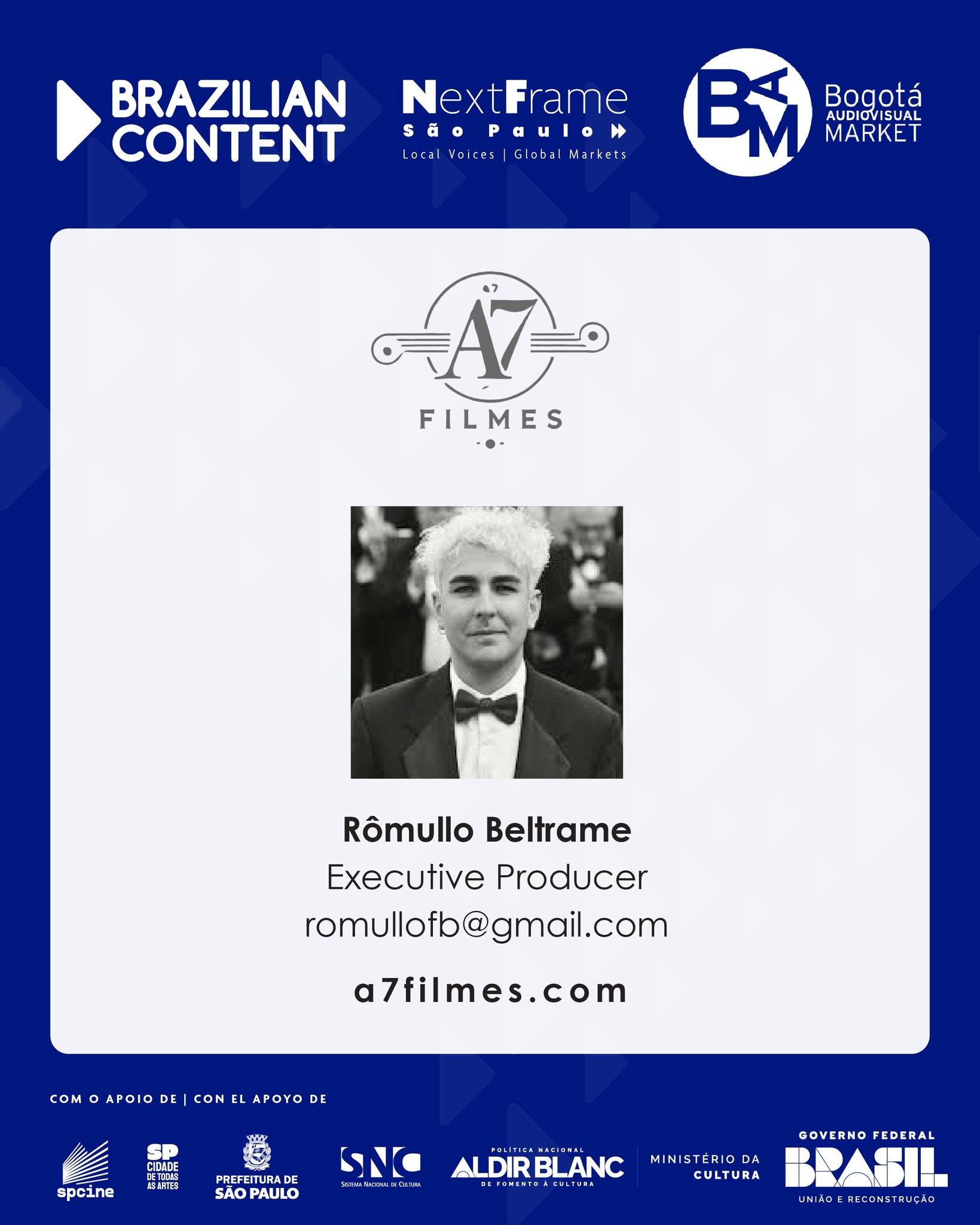 A7 Filmes es una productora independiente con sede en São Paulo, especializada en cine de autor con una propuesta visual audaz y una fuerte identidad estética. Con tres largometrajes en su trayectoria, desarrolla proyectos desde la etapa de desarrollo hasta la postproducción, impulsando alianzas internacionales e innovación en la narrativa audiovisual brasileña.

En el BAM, presenta el thriller The Portrait of Sarah y el documental Brazilian Samurais.

🤝 Busca en el BAM
Distribución internacional, licenciamiento, financiación y preventas para nuevos proyectos.