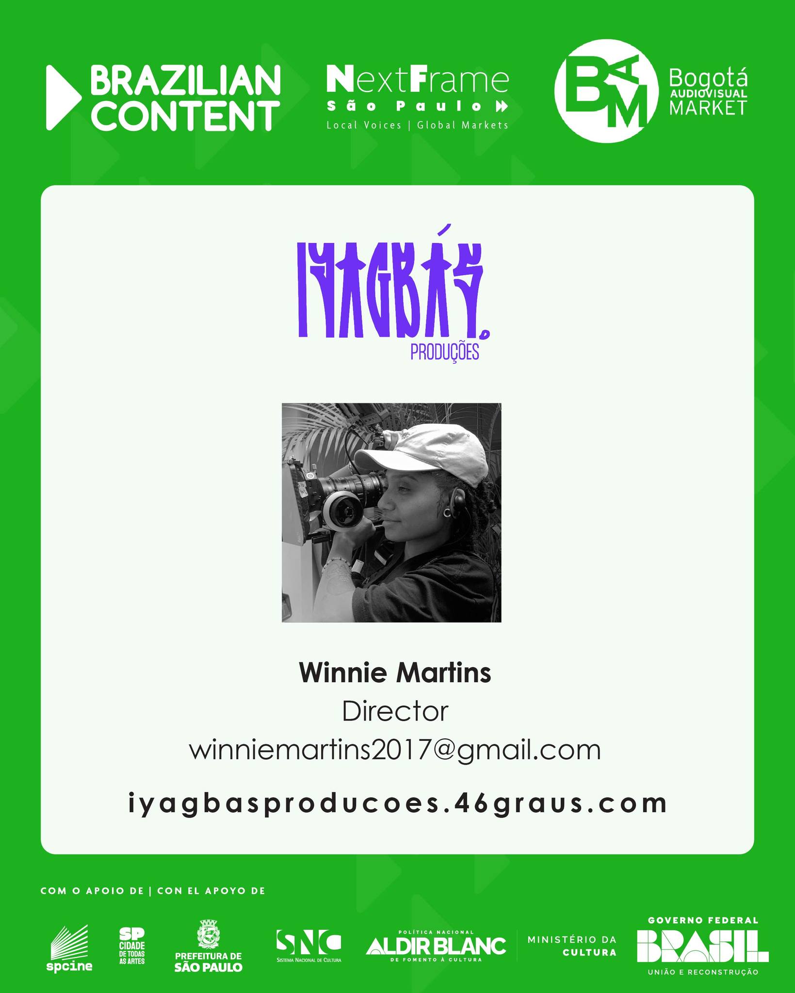 Iyagbas Produções es una productora cinematográfica independiente integrada por cinco miembros, en su mayoría mujeres negras y personas LGBTQIAP+. Con un enfoque en un cine representativo y profundamente vinculado a los territorios donde nacen sus historias, desarrolla obras que combinan creatividad, excelencia técnica y narrativas locales.

En el BAM, Winnie presenta los cortometrajes In Quiet Ways y Reflecting Waters.

🤝 Busca en el BAM
Distribución internacional y nuevas alianzas para la circulación de sus producciones.