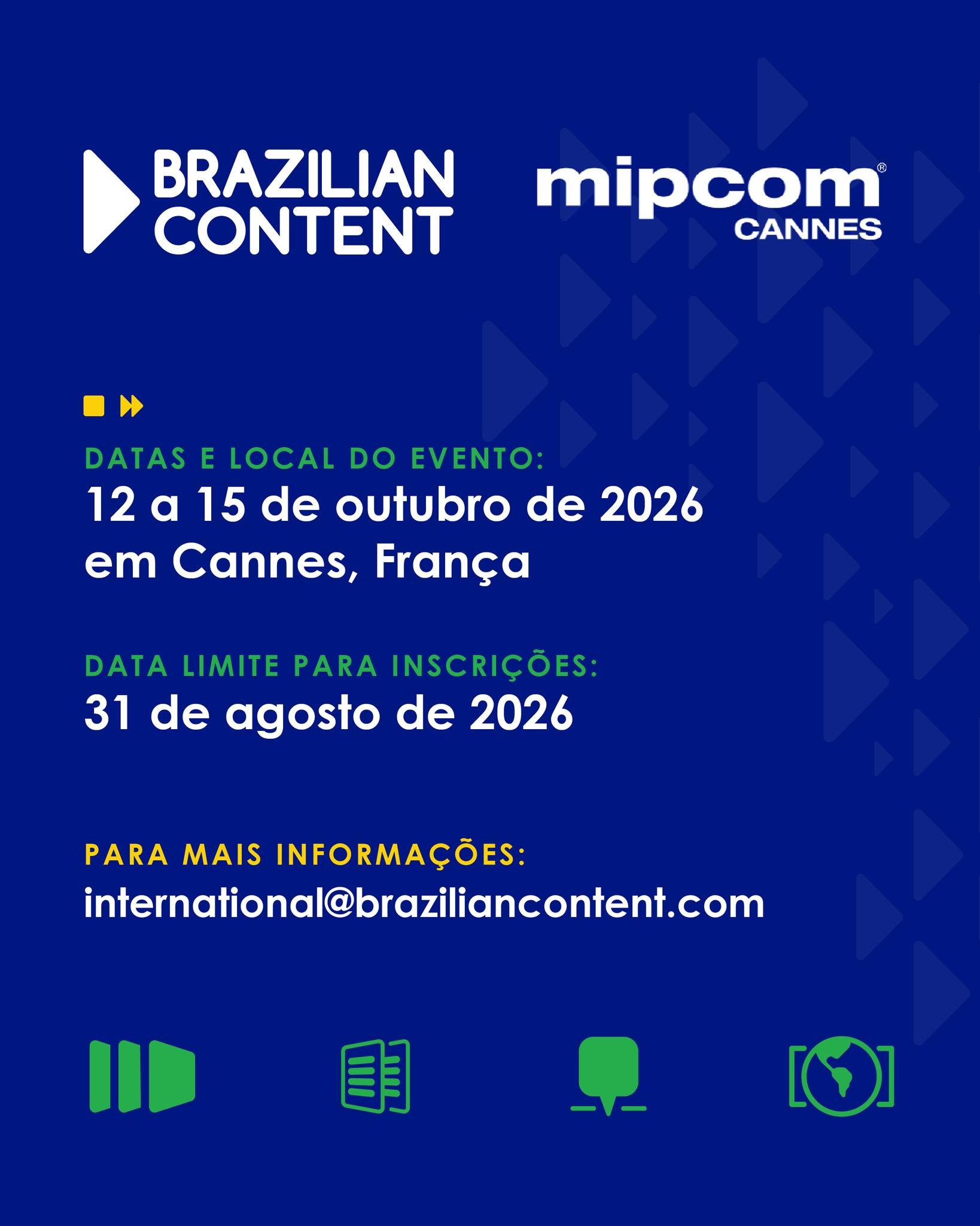 Chamadas abertas para empresas participantes do Brazilian Content no MIPCOM 2026

O MIPCOM, que acontece entre 12 e 15 de outubro, em Cannes, França, é o principal mercado internacional dedicado ao entretenimento e aos conteúdos audiovisuais. Reunindo produtores, distribuidores, plataformas, canais de televisão, compradores e investidores de mais de 100 países, o evento é um ambiente estratégico para a geração de negócios, coproduções, licenciamento e distribuição de conteúdos.

Desde 2004, o Brazilian Content organiza a participação de empresas brasileiras no MIPCOM. Em sua 23ª participação, o programa reafirma seu compromisso com a internacionalização do audiovisual independente brasileiro, promovendo oportunidades de negócios, conexões internacionais e o fortalecimento da presença do Brasil no mercado global.

As empresas participantes do Brazilian Content contam com condições exclusivas para participação e terão acesso às ações organizadas pelo programa, incluindo espaço para reuniões no estande, catálogo digital, reunião preparatória, atividades de networking e apoio operacional durante o evento.

Inscrições até 31 de agosto de 2026. Vagas limitadas!

Para mais informações, entre em contato com a equipe pelo e-mail international@braziliancontent.com