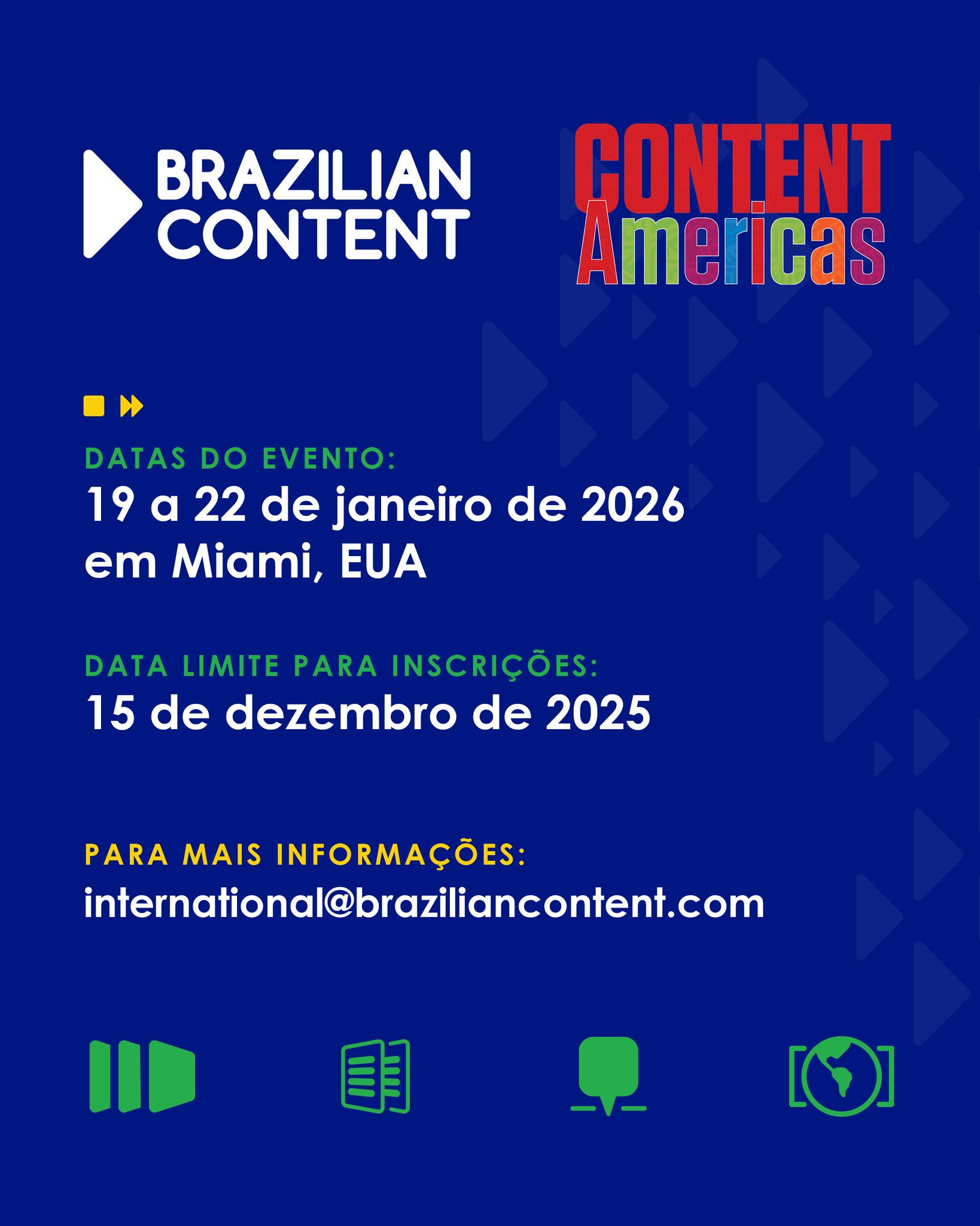 Estão abertas as inscrições para a delegação Brazilian Content no Content Americas 2026

Abrindo o calendário do ano novamente, o Content Americas celebra sua quarta edição em 2026, e é realizado pela C21, tradicional veículo de comunicação da indústria e que desde 2013 vem realizando o Content London. O evento foi criado para atender o mercado latino americano e hispânico da América do Norte, com quase um terço dos participantes com atuação em aquisição de conteúdo.

O evento traz oportunidades de negócios para produtores de todos os gêneros, sem distinção, sendo um destino certo para diversas programadoras estrangeiras e streamings de grande porte. Em 2025 o evento aumentou a presença do segmento de conteúdo infantil, com ampliação do pavilhão e da programação dedicada e a presença de executivos do segmento. Em 2025, o evento atraiu mais de 1.100 participantes e 900 buyers.

A edição 2026 será realizada entre os dias 19 e 22 de janeiro no Hilton Miami Downtown, em Miami, Flórida, EUA.

As vagas são limitadas!
Prazo para inscrições: 15 de dezembro de 2025

Para mais informações, o que está incluso no pacote, prazos e inscrição, entre em contato com a nossa equipe no international@braziliancontent.com.