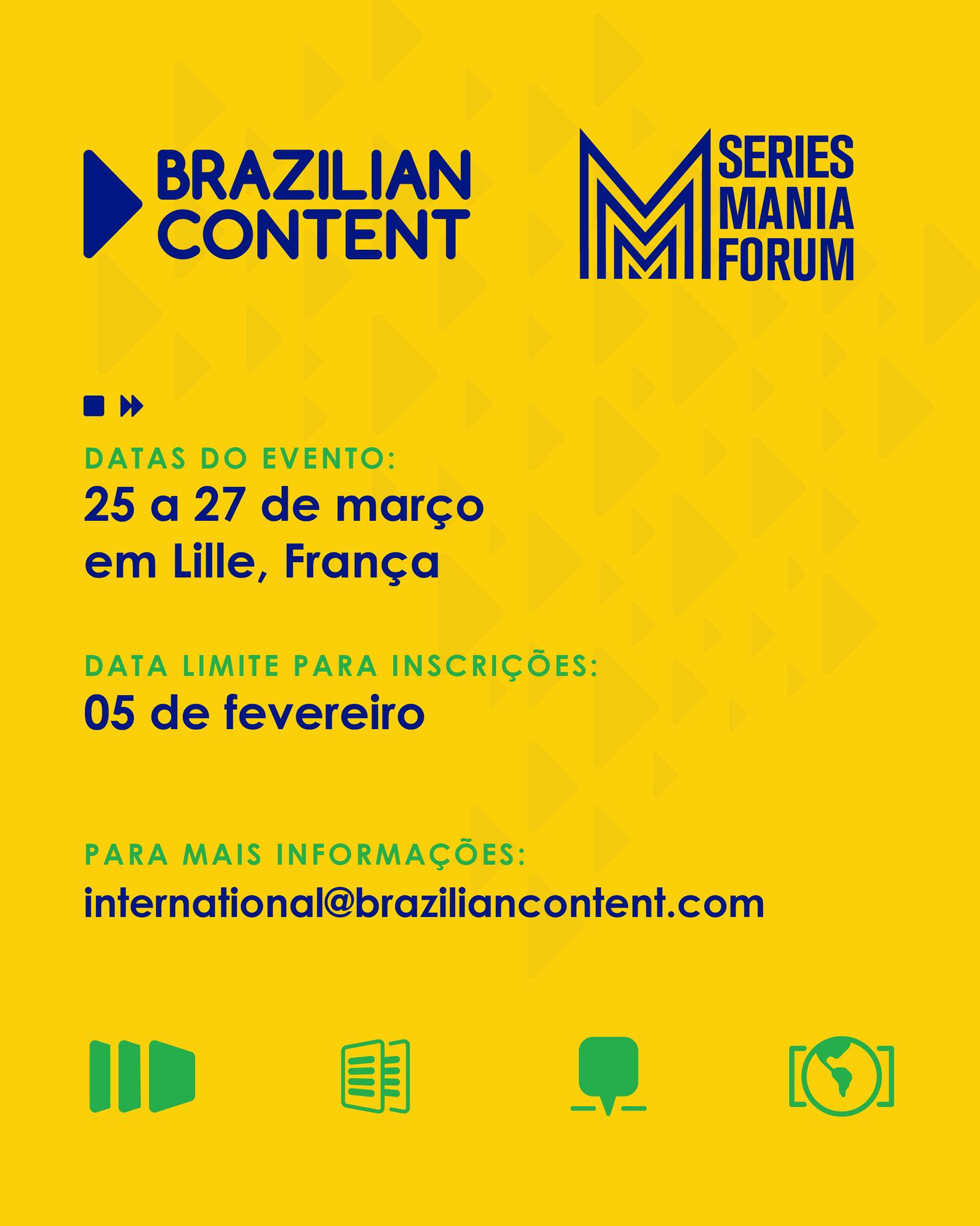 Chamadas abertas para a delegação Brazilian Content no Séries Mania Forum 2026

Atraindo mais de 5.000 profissionais de 75 países anualmente, o Séries Mania Forum se tornou o principal mercado europeu para obras seriadas de todos os gêneros. Todo mês de março, em Lille, produtores, emissoras, roteiristas, compradores e tomadores de decisão se reúnem durante três dias para networking, apresentação de projetos e descobertas no universo das séries para televisão e plataformas de streaming.

O Brazilian Content terá um stand com mesas para reuniões, catálogo digital, apoio da equipe no evento, e possíveis ações de networking em parceria com entidades, organizações e instituições do audiovisual mundial.

As inscrições vão até o dia 05/02. Vagas limitadas! Entre em contato com a nossa equipe no e-mail international@braziliancontent.com para mais informações e inscrições.