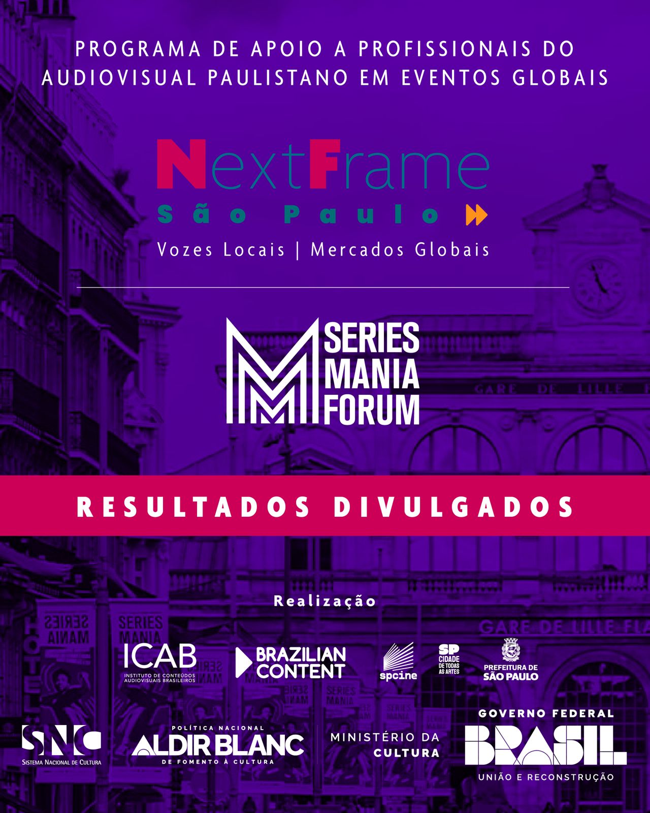 NextFrame São Paulo – Series Mania Forum 2026: seleção divulgada!

O oitavo evento do Programa NextFrame São Paulo, o Series Mania Forum, já tem sua lista de profissionais contemplados. Confira no site do ICAB, icabrasil.org.

O NextFrame São Paulo tem como objetivo fortalecer a presença internacional dos profissionais do setor audiovisual paulistano por meio da participação em eventos estratégicos internacionais, garantindo uma representação equitativa de grupos sub-representados, e é realizado pelo ICAB em parceria com o Brazilian Content com o apoio da Política Nacional Aldir Blanc de Fomento à Cultura – PNAB, realizada pelo Governo Federal, através do Ministério da Cultura, em parceria com a Secretaria Municipal de Cultura e Economia Criativa da Cidade de São Paulo e a Empresa de Cinema e Audiovisual de São Paulo - Spcine.