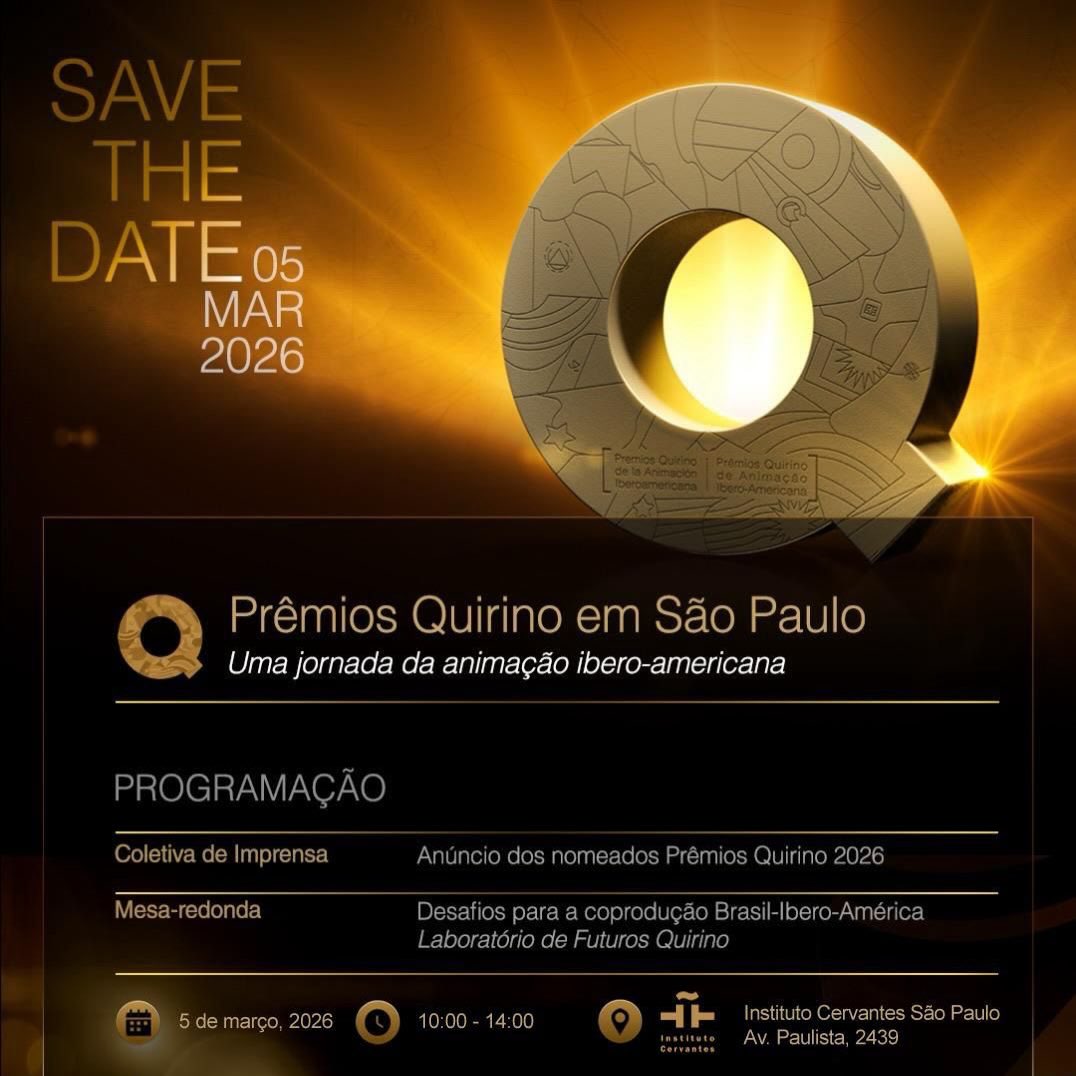 PRÊMIOS QUIRINO DA ANIMAÇÃO IBERO-AMERICANA EM SÃO PAULO

Na próxima quinta-feira, dia 5 de março, a partir das 10h, o Instituto Cervantes, em São Paulo, será palco do anúncio oficial dos finalistas da 9ª edição dos Prêmios Quirino da Animação Ibero-Americana.

Esta é a primeira vez que a divulgação dos indicados acontece no Brasil, um marco importante para o nosso setor audiovisual.

Criado para reconhecer e conectar talentos da animação ibero-americana, o prêmio conta com forte presença brasileira todos os anos. Nesta edição, 265 obras de 19 países disputaram uma vaga entre os indicados. A lista dos pré-selecionados traz 53 conteúdos, provenientes de oito países. O Brasil tem oito títulos concorrendo, nas categorias de Longa, Série, Curta de Escola, Publicidade, Desenvolvimento e Desenho de Som e Música Original.

Além de conhecer os indicados nas 10 categorias, os participantes poderão acompanhar, das 11h30 às 13h30, uma mesa-redonda sobre os desafios da animação brasileira e a relação do Brasil com os Prêmios Quirino, precedida de breve apresentação do Mapeamento da Animação no Brasil, por sua realizadora, Alessandra Meleiro.

A mesa, moderada pelo cineasta Cesar Cabral, conta com Rosa Crescente, diretora de Projetos Especiais e Coproduções da TV Cultura, Adriana Pinto, presidenta de ABCA, Camila Nunes, presidente da Abranima, Daniel Tonacci, coordenador da área Internacional na ANCINE,  e Lucas Soussumi, gerente executivo do Brazilian Content.

Os vencedores serão revelados em 17 de abril, em Santa Cruz de Tenerife, na Espanha.

Participe deste encontro que celebra, conecta e impulsiona a animação ibero-americana. Confirme sua presença através do link na bio até as 14h00 do dia 04/03.
 
SERVIÇO
Data: 5 de março de 2026
Início: 10h
Local: Instituto Cervantes - São Paulo (Av. Paulista, 2439 / Térreo)