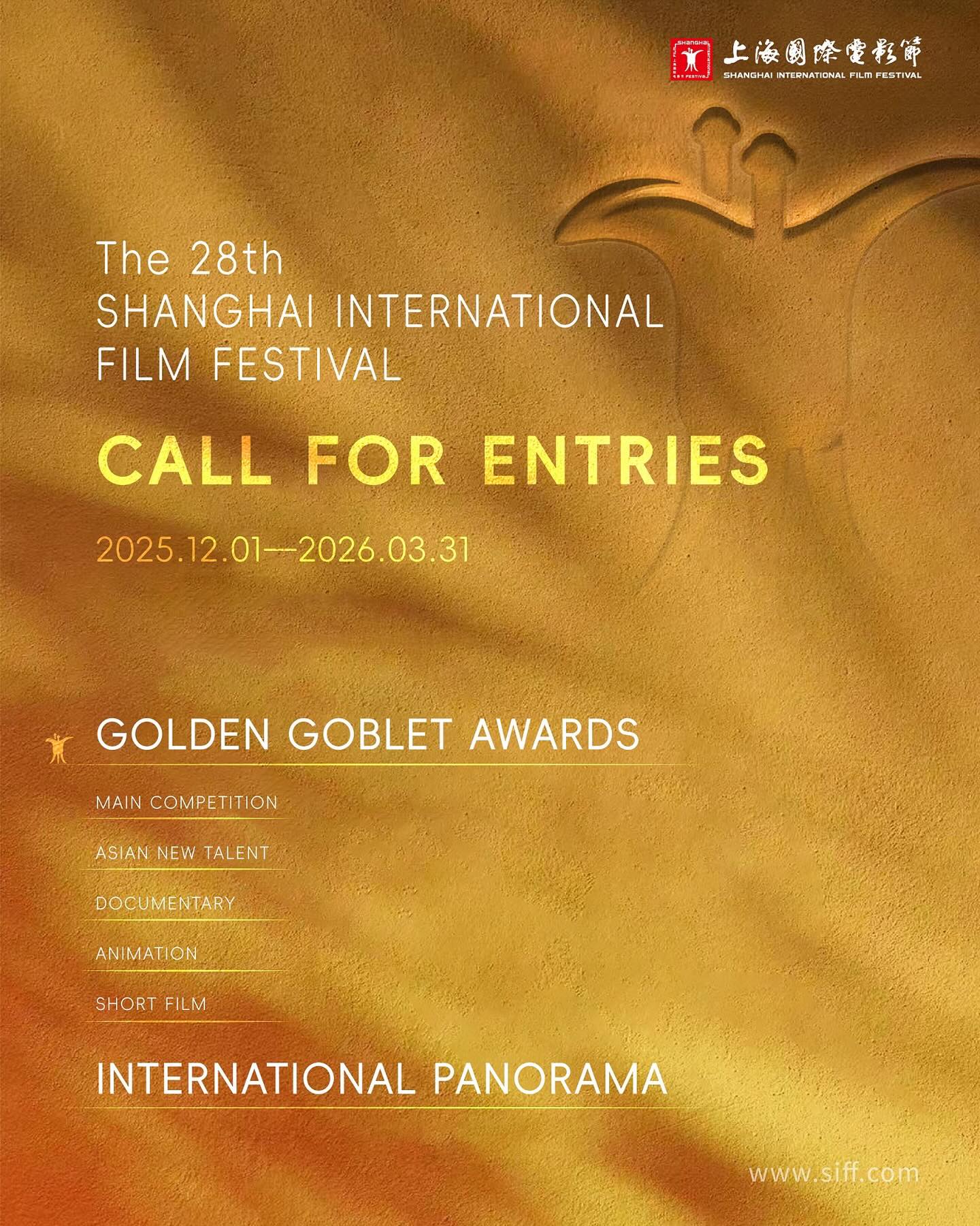 Último dia para enviar seu longa-metragem para as chamadas do 28º Shanghai International Film Festival (SIFF), um dos principais festivais internacionais de cinema da Ásia, que será realizado entre 12 e 21 de junho de 2026, em Xangai, China. 

Para as mostras competitivas, o festival dá preferência a obras com status de estreia mundial (World Premiere – WP) ou estreia internacional (International Premiere – IP). Já nas mostras fora de competição e sessões paralelas, o status de estreia não é obrigatório. 

Prazo final de inscrição: 31 de março de 2026
As inscrições são gratuitas. 

Requisitos principais: 
- As obras devem conter legendas em inglês, caso não sejam originalmente faladas nesse idioma. 
- As inscrições devem ser realizadas exclusivamente por meio do site oficial do festival. 

Regulamento completo e formulário de inscrição: siff.com/english