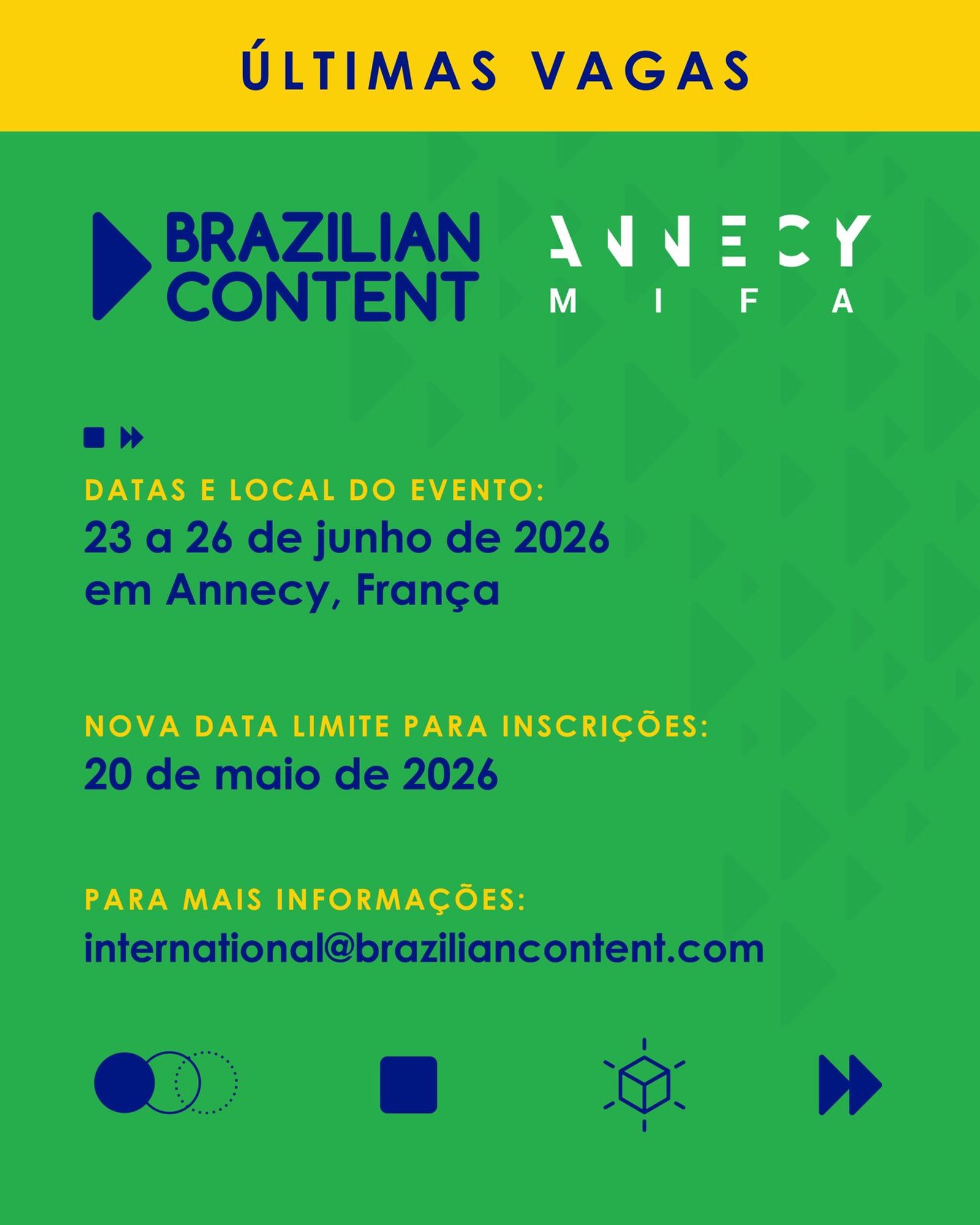 MIFA 2026 | Últimas vagas!

O MIFA é um dos principais mercados de animação do cenário global, e ocorre durante o Festival de Annecy, o maior festival dedicado ao gênero do mundo. O mercado conta com uma ampla área de estandes e atividades de mercado, reunindo os principais players da indústria global de animação.

O Brazilian Content organizará a participação de empresas brasileiras com ações voltadas à promoção internacional, incluindo espaço para reuniões, catálogo digital e articulação de atividades de networking em parceria com entidades, organizações e instituições do audiovisual global.

As inscrições foram prorrogadas até 20/05/2026. Vagas limitadas, garanta já a sua. Para mais informações, entre em contato através do e-mail international@braziliancontent.com.