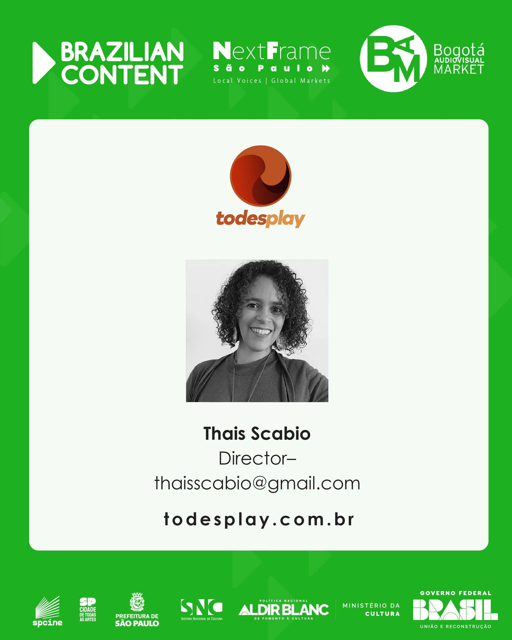 Todesplay es una plataforma global de streaming dedicada a películas, series y producciones audiovisuales, creada para contribuir al desarrollo de un mercado más diverso y representativo. Es un espacio para la conservación, la memoria y la preservación de narrativas identitarias, donde el pasado, el presente y el futuro se conectan. En 2025, la plataforma contaba con 280 obras disponibles, 11.698 usuarios registrados y 7.158 usuarios activos.

🤝 Busca en el BAM
Nuevos contenidos para licenciamiento, alianzas estratégicas y expansión internacional de la plataforma.