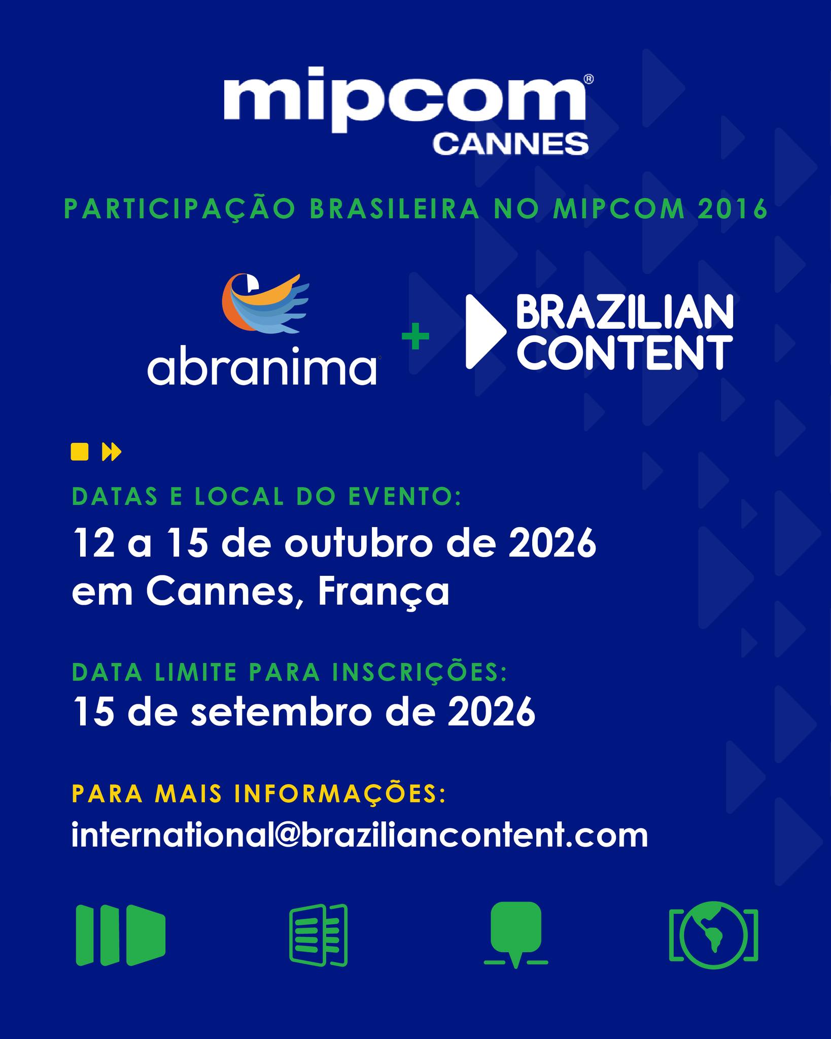 🌍 Chamadas abertas para empresas participantes do Brazilian Content e da ABRANIMA no MIPCOM 2026

O MIPCOM, realizado de 12 a 15 de outubro, em Cannes (França), é o principal mercado internacional dedicado ao entretenimento e aos conteúdos audiovisuais.

O evento reúne produtores, distribuidores, plataformas, canais de televisão, compradores e investidores de mais de 100 países, criando um ambiente estratégico para negócios, coproduções, licenciamento e distribuição de conteúdos.

Com o apoio da ApexBrasil, o Brazilian Content e a ABRANIMA organizam conjuntamente a participação de empresas brasileiras no MIPCOM 2026. A iniciativa une a experiência do Brazilian Content, presente no mercado desde 2004, à atuação da ABRANIMA no fortalecimento da indústria brasileira de animação.

As empresas participantes contam com condições exclusivas para participação, incluindo espaço para reuniões no estande coletivo, catálogo digital, reunião preparatória, atividades de networking e apoio operacional antes e durante o evento.

📅 Inscrições prorrogadas até 15 de setembro de 2026.

📄 Confira o Anexo I, com informações detalhadas sobre a participação: https://lnkd.in/ejpuy25a
📩 Mais informações: international@braziliancontent.com